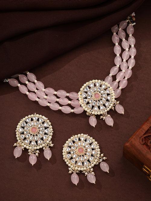 Priyaasi Glossy Pale Pink Kundan Choker Jewellery Set