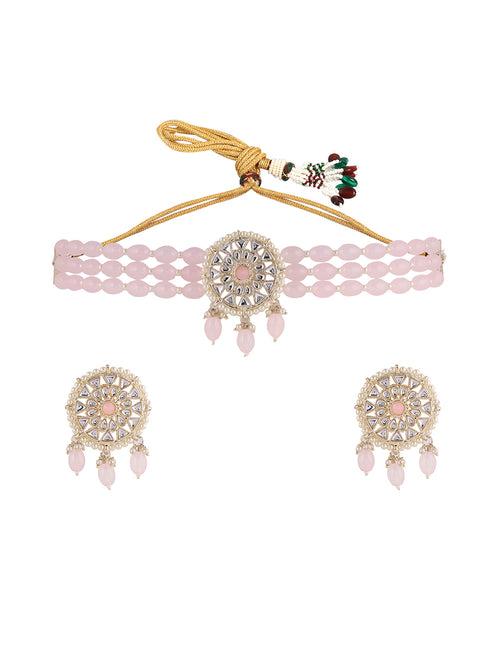 Priyaasi Glossy Pale Pink Kundan Choker Jewellery Set