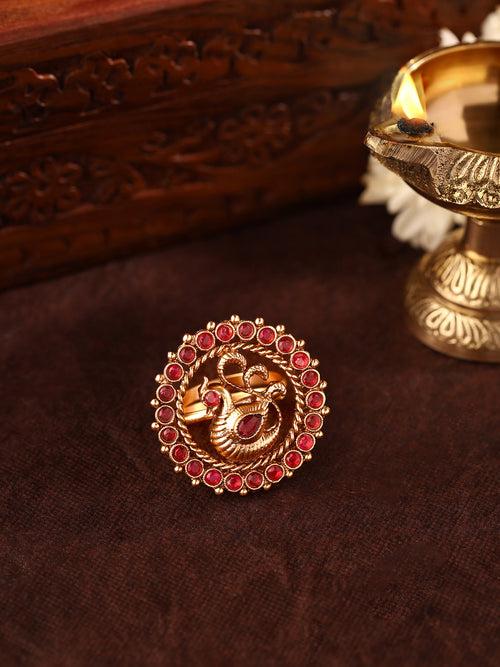 Priyaasi Ruby Stoned Peacock Design Temple Style Ring