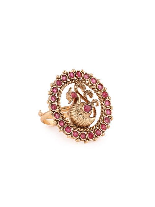 Priyaasi Ruby Stoned Peacock Design Temple Style Ring