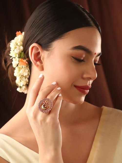 Priyaasi Ruby Stoned Peacock Design Temple Style Ring