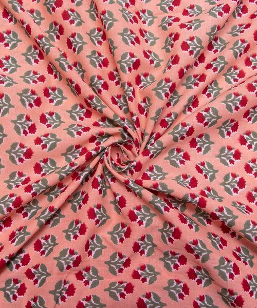 Peach Floral Screen Printed Cotton Fabric