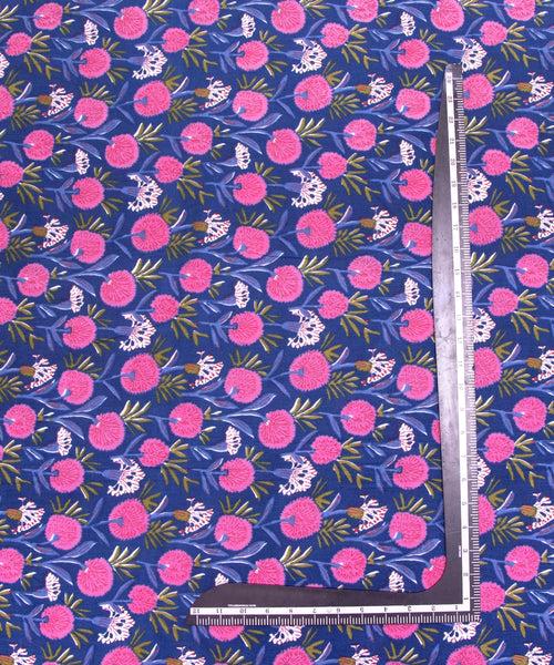 Dark Blue Screen Floral Printed Cotton Fabric