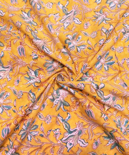 Yellow Floral Pattern Hand Block Printed Cotton Fabric