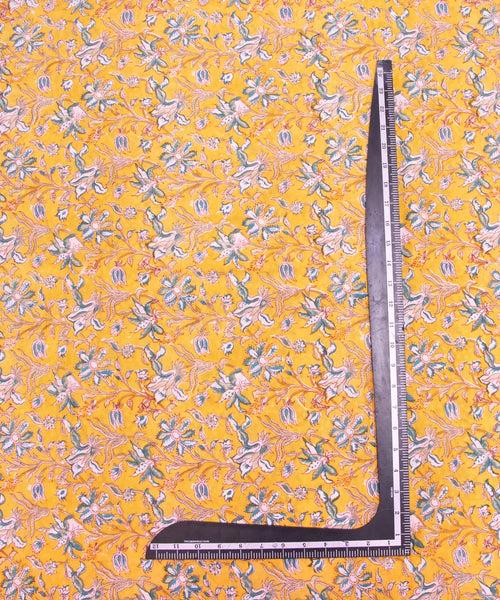 Yellow Floral Pattern Hand Block Printed Cotton Fabric