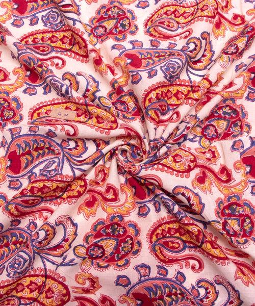 White Paisley Pattern Hand Block Printed Cotton Fabric