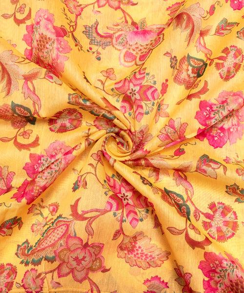Lemon Yellow Digital Floral Printed Chanderi Fabric