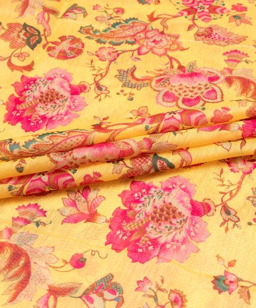 Lemon Yellow Digital Floral Printed Chanderi Fabric