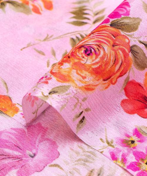 White Floral Digital Printed Chinon Silk Fabric