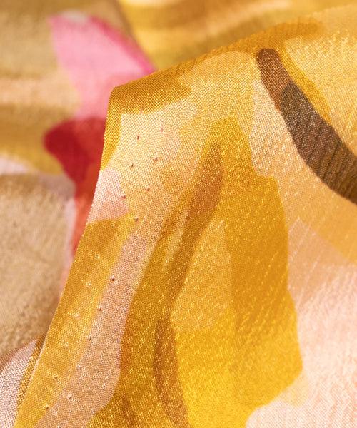 Yellow Floral Printed Chinon Silk Fabric