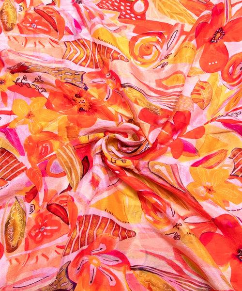 Orange Floral Printed Chinon Silk Fabric