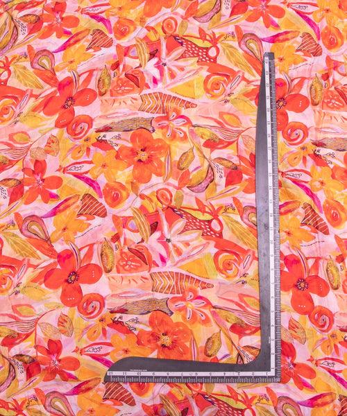 Orange Floral Printed Chinon Silk Fabric