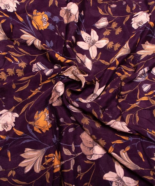 Dark Wine Floral Printed Chinon Silk Fabric