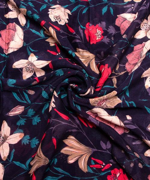 Black Floral Printed Chinon Silk Fabric