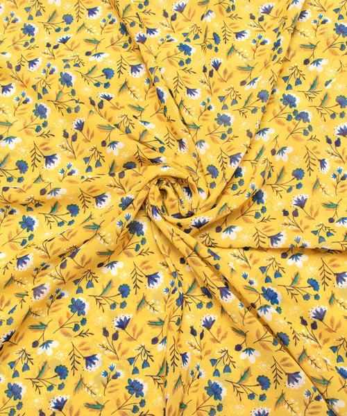 Yellow Color Floral Digital Print Georgette Fabric