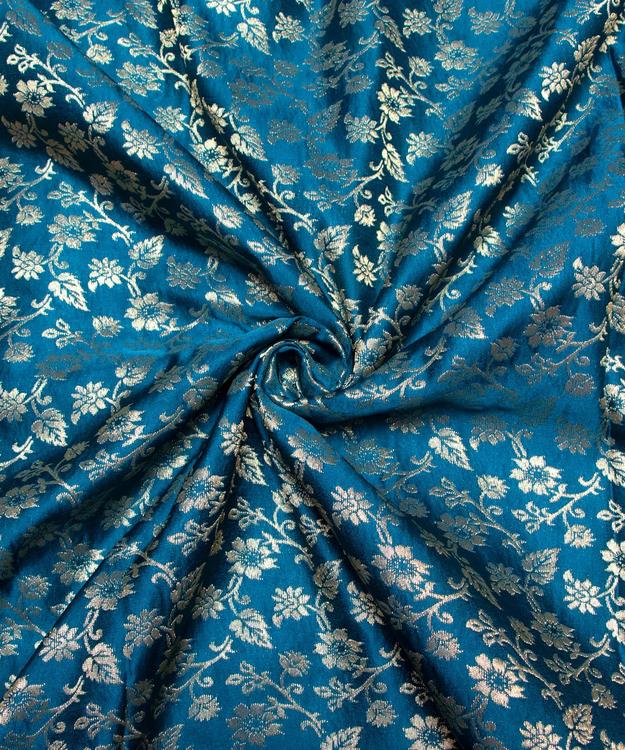 Peacock Blue Floral Pattern Silk Banarasi Brocade Fabric