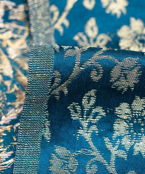 Peacock Blue Floral Pattern Silk Banarasi Brocade Fabric