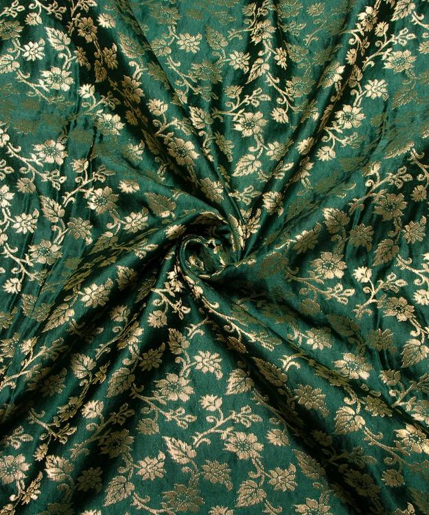 Dark Green Floral Pattern Silk Banarasi Brocade Fabric