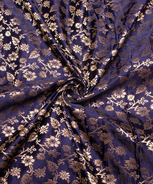 Navy Blue Floral Pattern Silk Banarasi Brocade Fabric