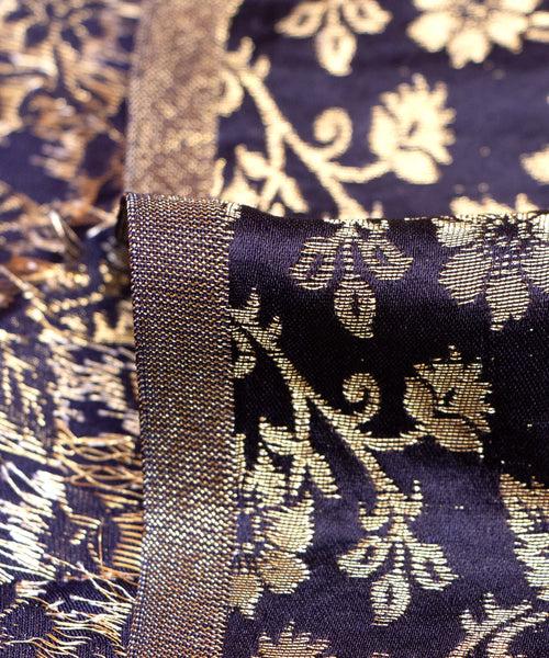 Navy Blue Floral Pattern Silk Banarasi Brocade Fabric