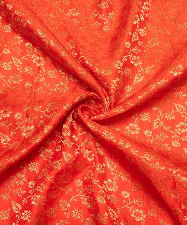 Orange Floral Pattern Silk Banarasi Brocade Fabric