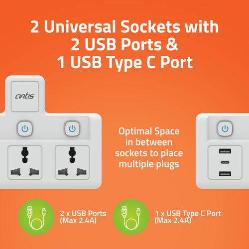 2MS-3USBC 2 Universal Sockets with 2 USB Ports & 1 USB Type C Port with Multi Switch & surge Protector