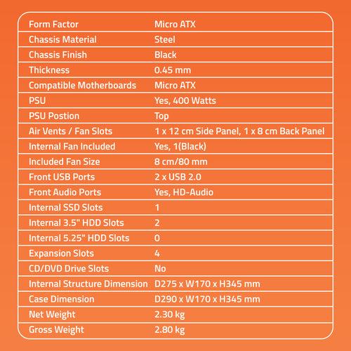 2720 2.0 Computer Cabinet Support Micro ATX Motherboard, 1 x 80mm Fan with 400W Power Supply