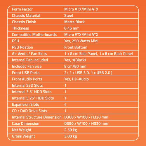 Joy 3.0 Slim Computer Cabinet Support Micro ATX /Mini ATX Motherboard ,1 x 80mm Fan with VIP 250 Watt Power Supply