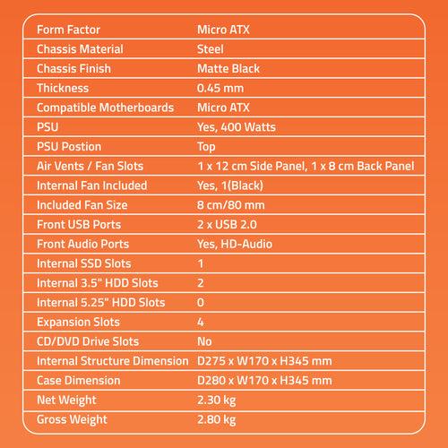 2420 2.0 C Computer Cabinet Support Micro ATX Motherboard, 1 x 80mm Fan with 400W power Supply