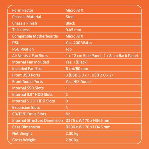 2720 3.0 Computer Cabinet Support Micro ATX Motherboard, 1 x 80mm Fan with 400W Power Supply
