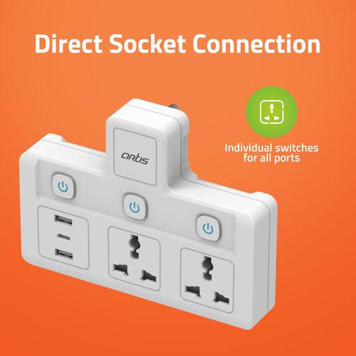 2MS-3USBC 2 Universal Sockets with 2 USB Ports & 1 USB Type C Port with Multi Switch & surge Protector