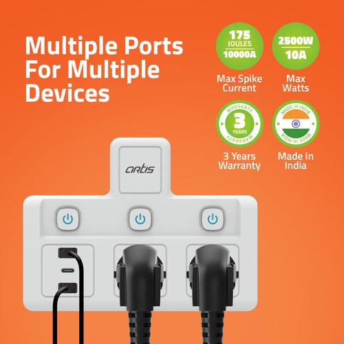 2MS-3USBC 2 Universal Sockets with 2 USB Ports & 1 USB Type C Port with Multi Switch & surge Protector