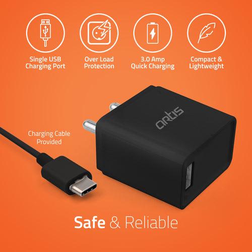 UQC100 QC3.0 Quick Wall Charger Adapter with Type C Cable(Black)