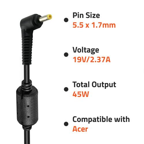 A0405 45Watt Laptop Adapter Compatible with Acer Laptops (19V/2.37A ,Pin: 5.5 x 1.7mm)