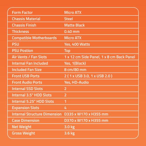 GLAZE 3.0 Computer Cabinet Support Micro ATX Motherboard,1 x 80mm Fan with 400W Power Supply