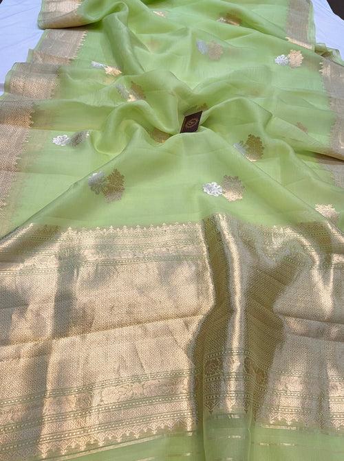Pista Green Pure Banarasi Handloom Kora Silk Saree