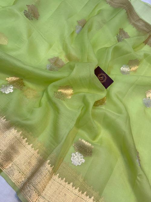 Pista Green Pure Banarasi Handloom Kora Silk Saree
