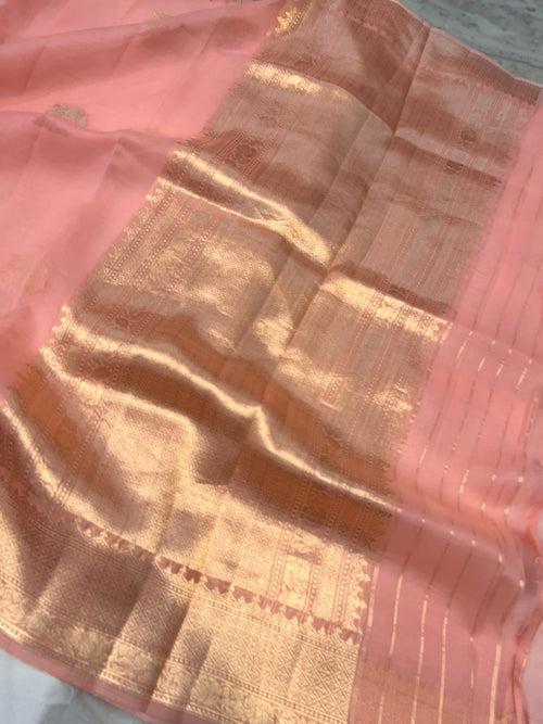 Peach Pure Banarasi Handloom Kora Silk Saree