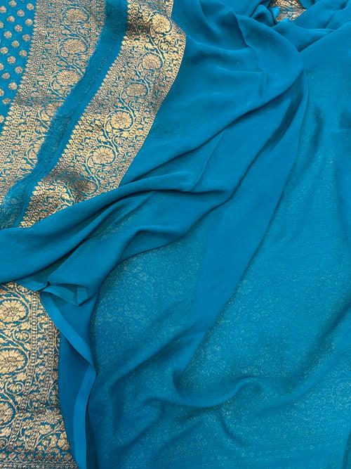 Rama Green Banarasi Handloom Pure Khaddi Georgette Saree