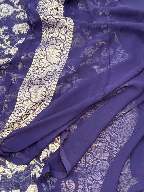 Navy Blue Pure Banarasi Khaddi Georgette Saree