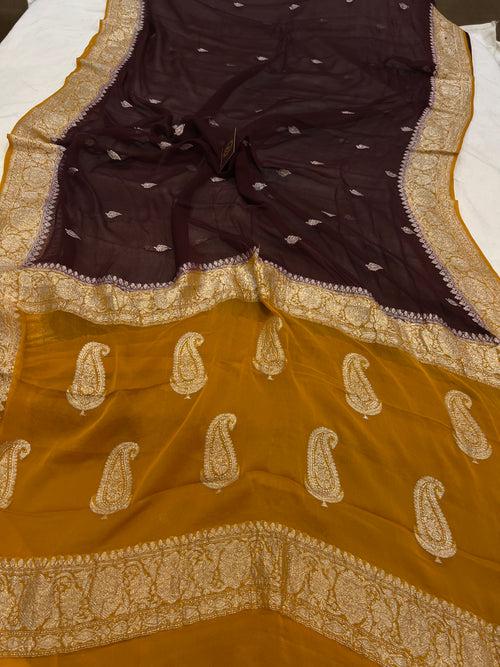 Coffee Brown Khaddi Chiffon Banarasi Handloom Saree