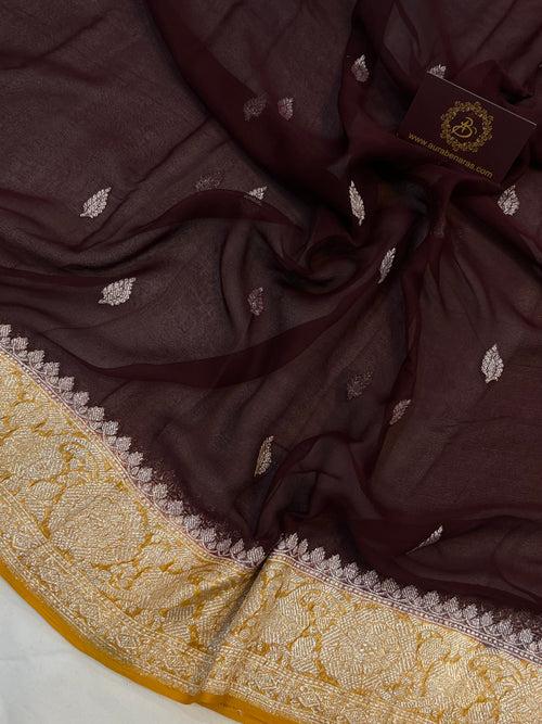 Coffee Brown Khaddi Chiffon Banarasi Handloom Saree