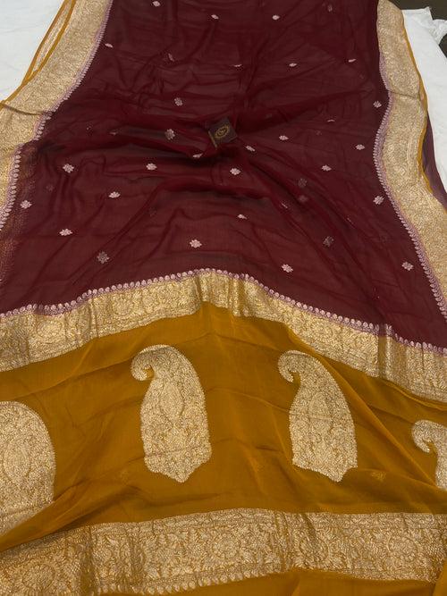 Maroon Khaddi Chiffon Banarasi Handloom Saree