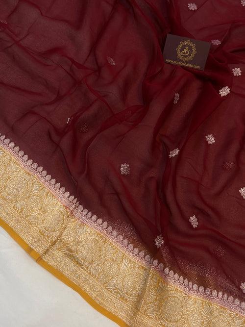 Maroon Khaddi Chiffon Banarasi Handloom Saree