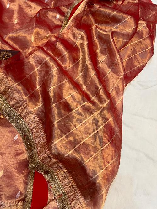 Pre Order :: Rust Orange Banarasi Handloom Organza Tissue Silk Saree