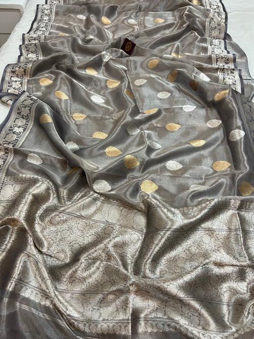 Grey Banarasi Handloom Organza Tissue Silk Saree