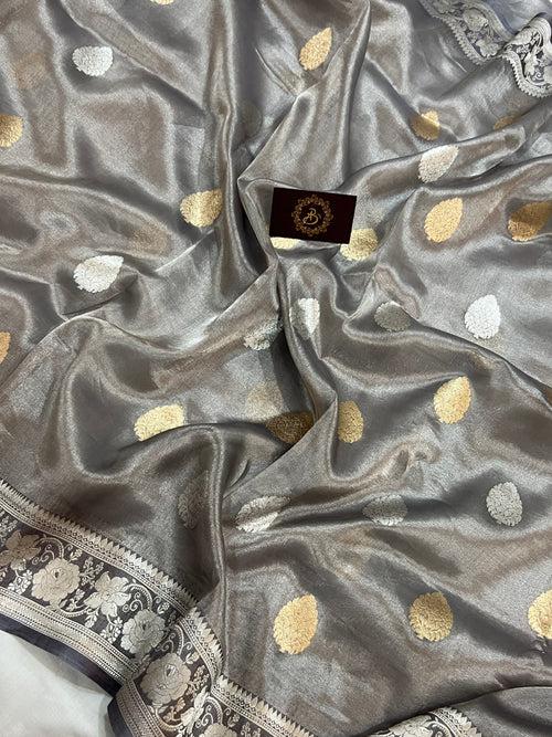 Grey Banarasi Handloom Organza Tissue Silk Saree