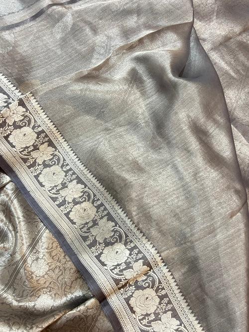 Grey Banarasi Handloom Organza Tissue Silk Saree