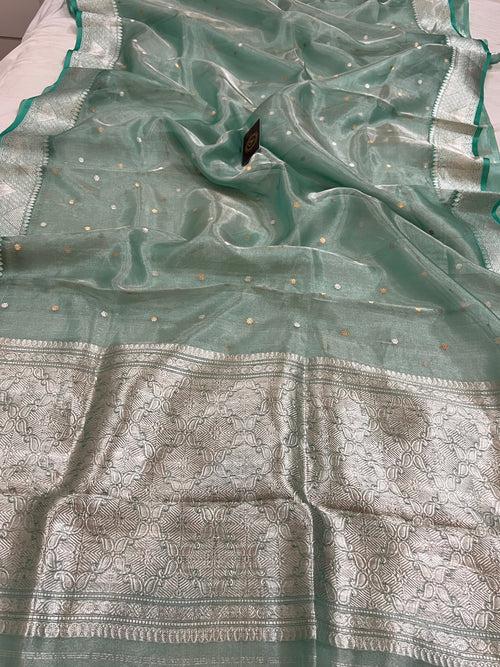 Aqua Blue Banarasi Handloom Organza Tissue Silk Saree