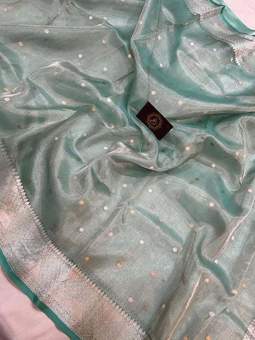 Aqua Blue Banarasi Handloom Organza Tissue Silk Saree
